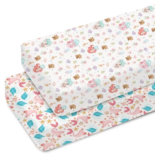 Mermaids Tails Baby Crib Sheets Boy Girl 52"x28" Fairytale Fish Floral Waves Starfish Conch Soft Snug Fitted Crib Mattress Cover Boho Summer Beach Baby Sheet for Standard Crib Toddler Mattress 2 Pack