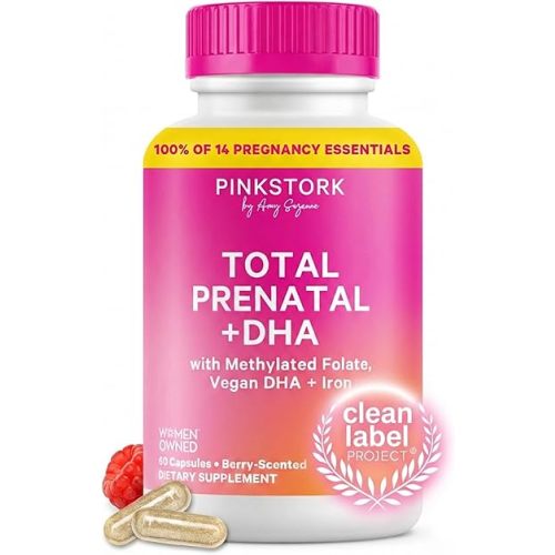 Pink Stork Total Prenatal Vitamins with DHA, Folate, Iron, Choline, and Vitamin B12 - Prenatals for Women to Support Fetal Development, Pregnancy Essentials, Berry Essence, 60 Capsules, 1 Month Supply