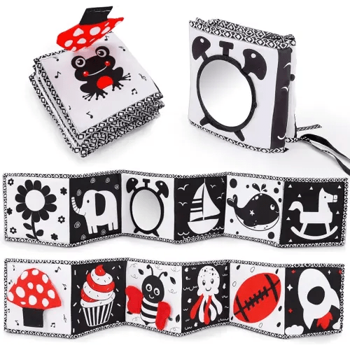 Black and White High Contrast Toys for Baby 0-3 3-6 months Infant Tummy Time Soft Book Sensory Musical Toy 0-2-4-6 month Babies Brain Development Montessori Crinkle Book Mirror Newborn Shower Gifts
