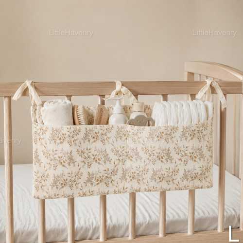Floral Baby Crib Organizer, Cotton Nursery Storage Bag, Diaper Holder, Bedside Baby Essentials Caddy, Newborn Gift