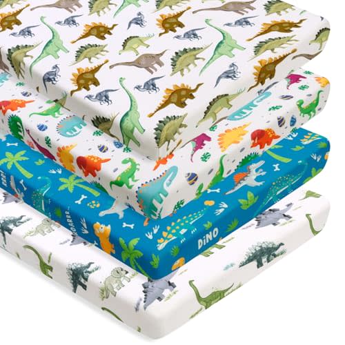 4 Pack Baby Boy Pack N Play Mini Crib Sheets Soft Fitted Baby Boy Mattress Covers Construction Truck or Dinosaur Theme Breathable Toddler Sheets for Infant (Dinosaur, Pack N Play Mini Crib Sheets)
