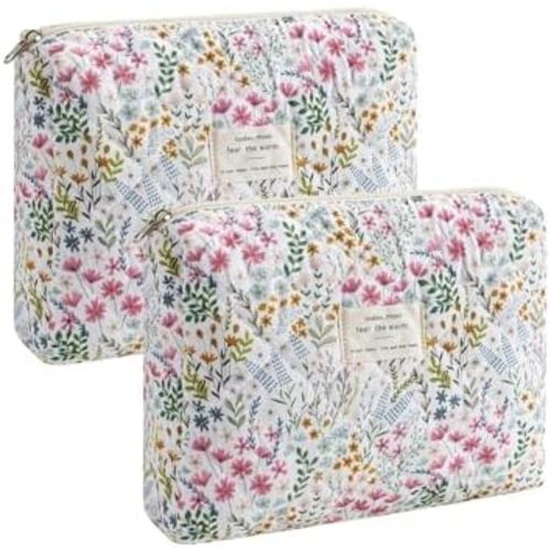 uekeboag Quilted Cotton Makeup Bag 2Pcs Coquette Cosmetic Bag,Large Soft Floral Travel Toiletry Bag for Women and Girls(08Spring Flower)