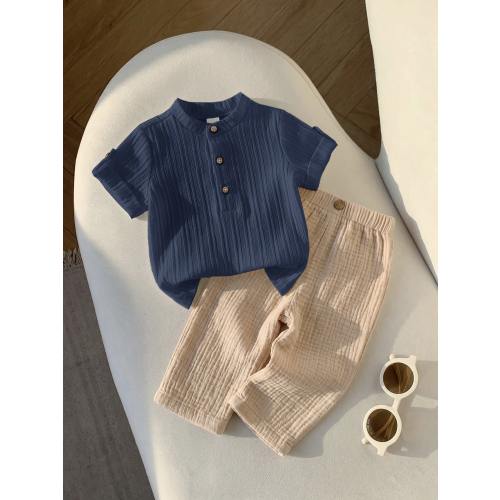 2pcs Babyboy Beige Summer Casual City Break College Style Grey Collared Shirt&Striped Elastic Waist Pants Set,Suitable For Birthday Party&Wedding