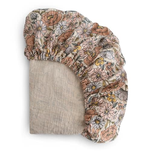 mushie Extra Soft Muslin Fitted Crib Sheet | 192 Thread Count | 28"x 52" (Retro Flowers)