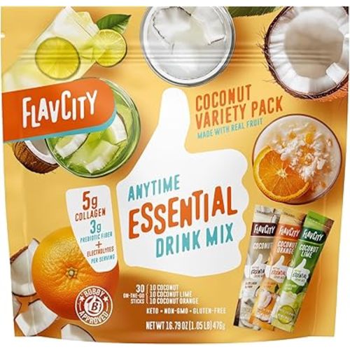 FlavCity Anytime Essential Coconut Variety Pack - Powder Drink Mix Packets with Collagen & Coconut Water - Water Flavoring Packets in 3 Flavors - Collagen, Fiber & Electrolytes (30 Stick Packs)