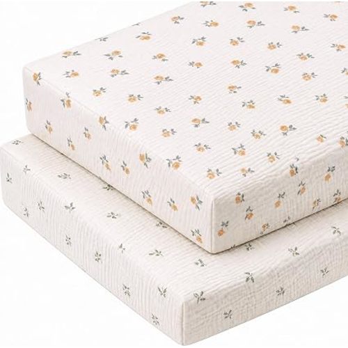 2 Pcs Muslin Rose Floral and Leaf Print Crib Sheets, 52"X 28"