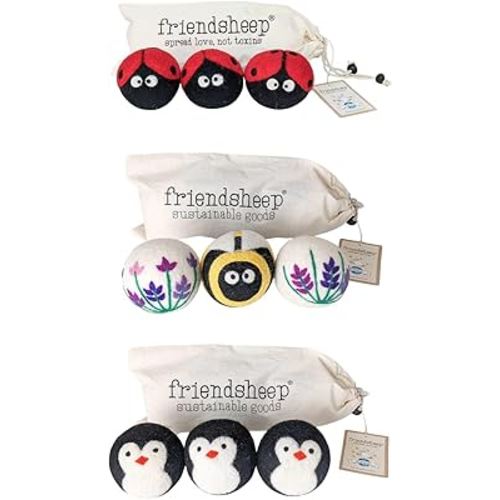Wool Dryer Ball Bundle Lavender Fields Bee Flower + Penguin + Ladybug by Friendsheep