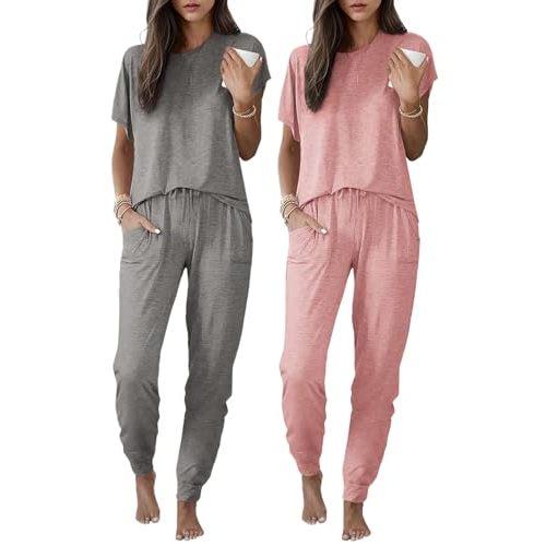 Ekouaer 2 pack Pajama Sets for Womens Jogger Pants Pjs Short Sleeves Lounge Set Soft Sleepwear with Pockets