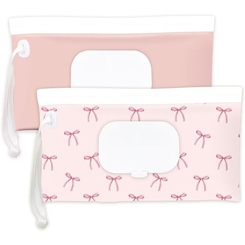 Wipe Dispenser and Wipes Container, 2 Pack Reusable Wipes Holder and Travel Wipes Case, Refillable Pouch for Baby Essentials, blush& bow Design (Blush)