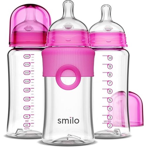 Smilo Baby Bottle Set with Stage 0 Slow Flow Anti Colic Nipple, 10 Oz / 300 ml Capacity, 3X Pack of Anti Colic Baby Bottles 0-3 Months - Pink