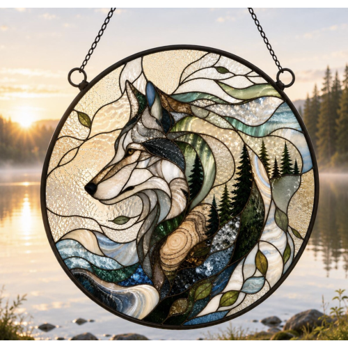Wolf Suncatcher, Round Glass Window Hanging, Stained Glass Style Forest Stream Decor, Woodland Wolf Decor, Wildlife Wall Art Cabin Gift Home