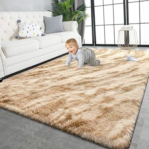 TWINNIS Super Soft Shaggy Rugs Fluffy Carpets, 5x8 Feet, Indoor Modern Plush Area Rugs for Living Room Bedroom Kids Room Nursery Home Decor, Upgrade Anti-Skid Rectangular Fuzzy Rug, Beige Brown