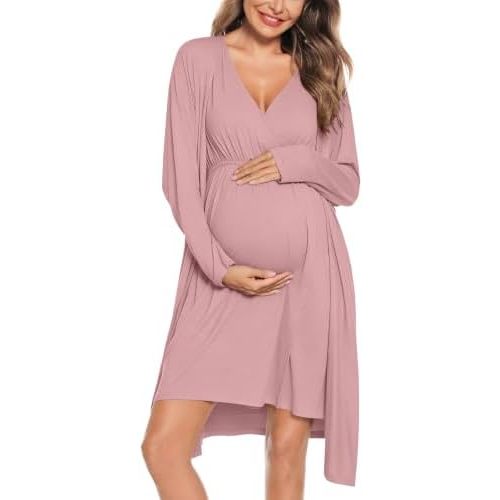 SWOMOG Women Maternity Nursing Gown and Robe Set 3 in 1 Labor Delivery Nursing Nightgown for Breastfeeding Hospital Bathrobe
