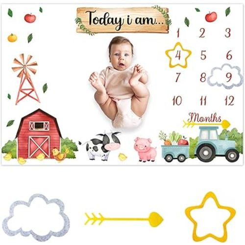 CSFOTO Farm Baby Monthly Milestone Blanket Farm Animal Truck Barn Photography Background Newborn Growth Record Prop Blanket 60 "x40 with Frames