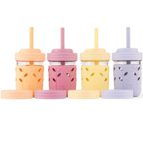 Elk and Friends Kids + Toddler Glass Cups | The Original 8oz Glass Mason Jar with Sleeves + Lids | Silicone Straws + Stopper | Smoothie Cup | Food Storage | Spill Resistant | Dishwasher Safe | 4 Pack
