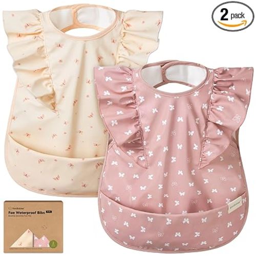 KeaBabies Waterproof Bibs for Baby Girl,Boy – 2-Pack Lightweight, Large Baby Bibs for Eating, Wearable Food Catcher, 6-12 Months Infant Feeding Essentials, Smock for Toddlers 1-3, Kids (Butterflies)