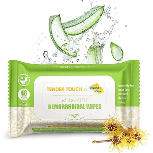 Tender Touch Hemorrhoid Wipes with Witch Hazel and Aloe, Flushable Medicated Wipes for Hemorrhoid and Vaginal Relief - Postpartum-Safe, Fragrance-free, Travel Size, 1 Pack, 48-ct.