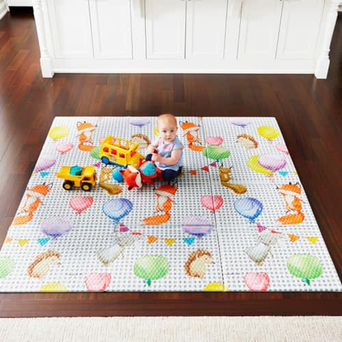Toddleroo by North States 71" x 71" Foldable Balloon Ride Padded Play Mat. Extra Large Foam Baby Play Mats for Floor, Waterproof Tummy Time Mat for Indoor & Outdoor Use