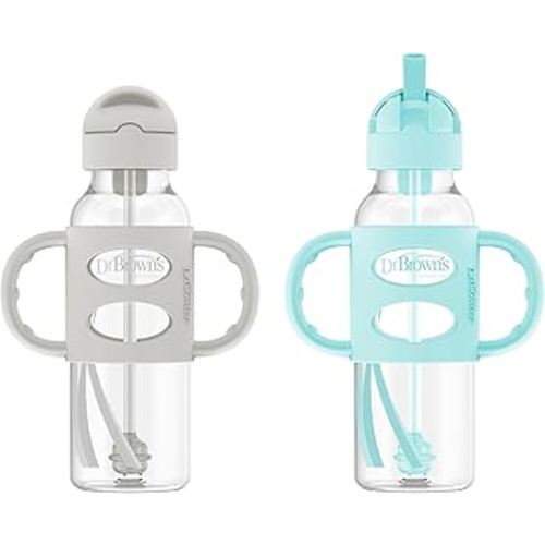 Dr. Brown's Milestones Narrow Sippy Straw Bottle, Spill-Proof with 100% Silicone Handles and Weighted Straw, 8 oz/250 mL, Gray/Green, 6m+