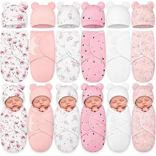 Ramede 6 Pack Baby Swaddle Blankets with Hats,Bear,Pink