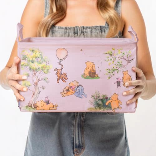 Sweet Baby Classic Winnie Pooh Storage Nursery Basket With Hard Bottom Large Square Canvas Cotton Laundry Hamper Bin Waterproof Foldable Bathroom and Bedroom Stuff Clothes Toys Vintage Decor (Pink)