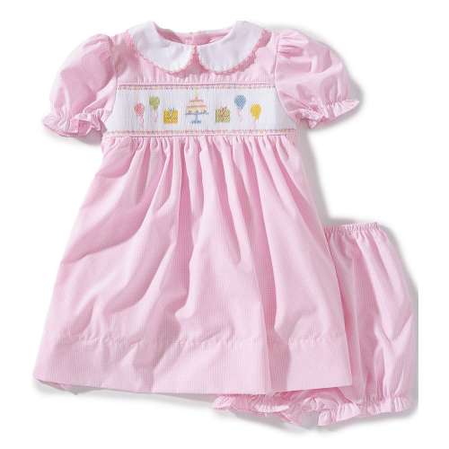 Petit Ami Baby Girls Short Sleeve Hand Picture Smocked Birthday Dress With Matching Bloomers