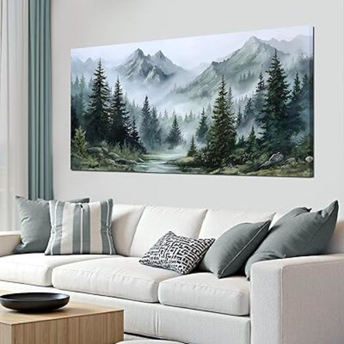 Tarfupth Large Misty Forest Wall Art for Living Room Green Nature Mountain Landscape Canvas Artwork with Trees and River Nature Art for Bedroom Office Home Decor 24x48 Inch