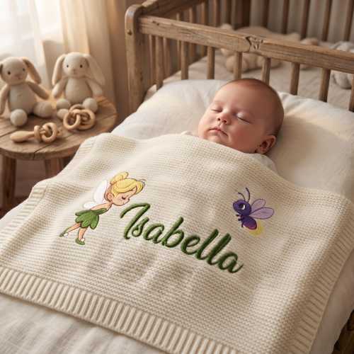 Personalized Embroidered Tinkerbell Baby Blanket, Custom Name Disney Fairy Tale Blanket, Baby Shower Gift, Nursery Keepsake, Baby Gift