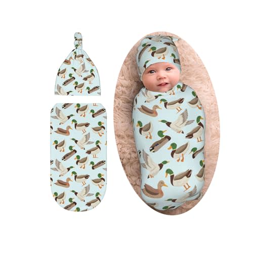 Cute Mallard Duck Baby Stuff Swaddle Blanket with Beanie Set, Soft Baby Swaddle Sack Newborn Receiving Blanket for Girls Boys