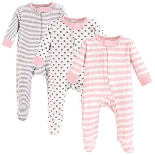 Touched by Nature Baby Girl Organic Cotton Zipper Sleep and Play 3pk, Pink Gray Scribble