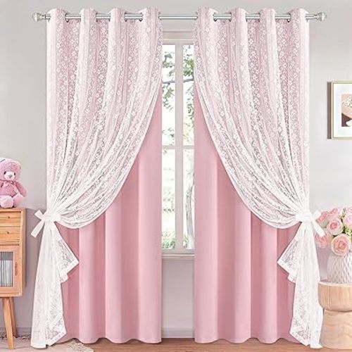 ASPMIZ Pink Blackout Curtains for Bedroom 84 inch Long, Double Layer Pink Curtains for Girls Room Light Blocking Grommet Drapes with Lace Overlay, Thermal Insulated Window Curtain Set of 2, 52x84