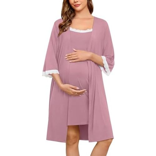 SWOMOG Lace Maternity Nursing Gown and Robe Set Double Layer Labor Delivery Nursing Hospital Nightgowns for Breastfeeding
