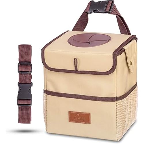 Creathing Car Trash Can [Touring Edition] - Removable Liner - 100% Leakproof, Odor Control Lid, Hanging Garbage Bin for SUV, Truck, Car (2 Gal, Beige)