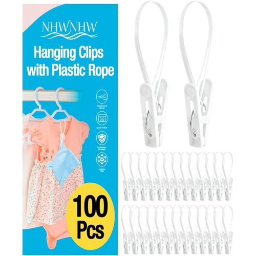 100 Pack Multi Purpose Laundry Hanging Clips with Rope, White - Strong Grip Hanging Clips for Baby Hangers, Pants, Socks, Towels & Closet Organization, Multi-Purpose Laundry Drying Hooks