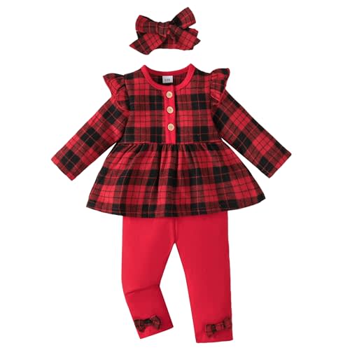 Toddler Baby Girl Floral Shirt and Pant Clothes Set Fall Winter Outfits | Infant Baby Girl 3 Piece Outfit Set Gift Ruffle Long Sleeve Top and Bow Leggings Clothing Set with Headband 6 Months-3T