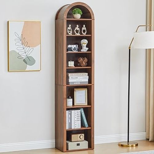 Tall Narrow Arched Bookshelf, 8-Tier Skinny Arch Bookcase for Small Space, Freestanding Storage Organizer with Adjustable Shelves, Open Display Shelves for Living Room, Entryway (Walnut)
