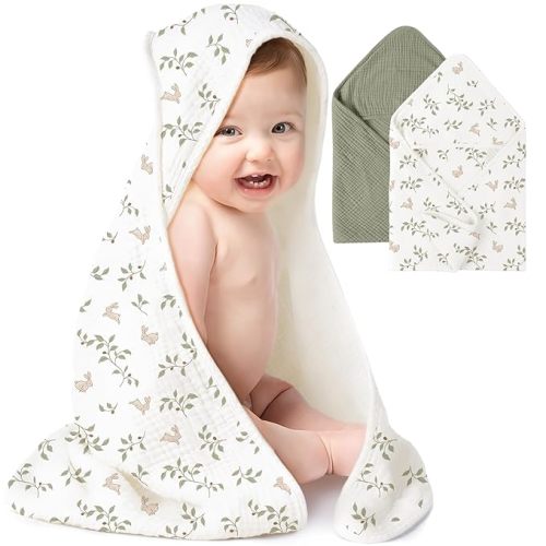 Konssy 2-Pack Muslin Hooded Baby Towels, 100% Cotton, Ultra-Soft & Absorbent Baby Bath Towels with Hood for Newborn & Infant (Fog Green, Sprout, 32" x 32")