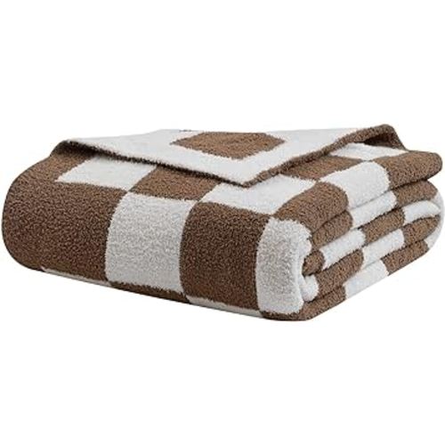 bearberry Fuzzy Checkerboard Grid Throw Blanket Knitted Soft Cozy Warm Microfiber Blanket Decor for Couch Sofa Bed Travel Home (Mocha, 40''x50'')
