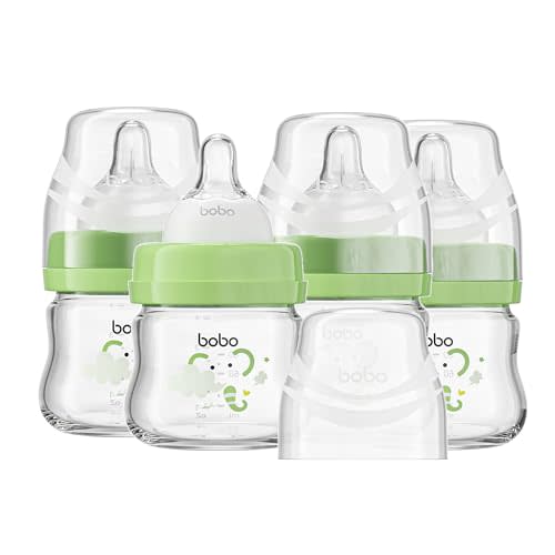 YOHKOH Glass Baby Bottles with Slow Flow Nipple, Newborn Anti-Colic Baby Bottles for 0+ Months, Wide Neck Feeding Bottle, Clear (Green, 2.7oz (Pack of 4))