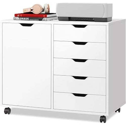 DEVAISE 5-Drawer Wood Drawer Cabinet, Office Storage Cabinet with Adjustable Shelf & Wheels, Printer Stand for Home Office, White