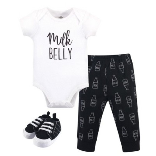 Little Treasure Baby Boy Cotton Bodysuit, Pant and Shoe 3pc Set, Milk Belly, 0-3 Months