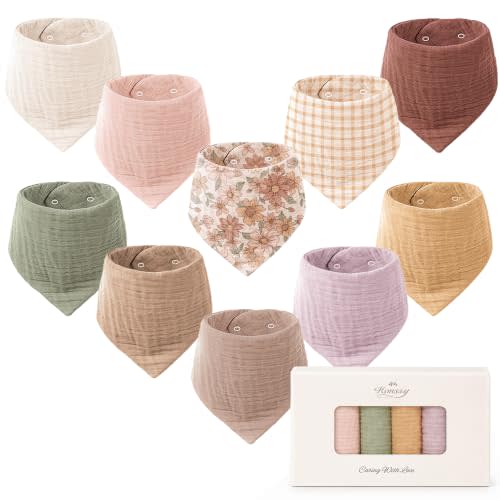 Konssy 10 Pack Baby Muslin Bandana Bibs for Drooling and Teething | 100% Cotton, 6-Layer Bibs, Pre-Washed Soft & Absorbent, Adjustable Neck Fit, Boys & Girls 0-36M