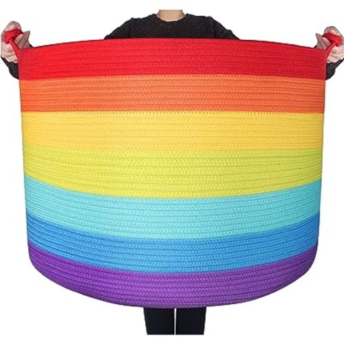 MINTWOOD Design Extra Large 22 x 16in Decorative Woven Cotton Rope Blanket Storage Basket Bin Living Room with Handles and Round Laundry Hamper for Pillows, Pool Towels, Dog Toys, Shoes, Rainbow