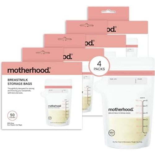 Motherhood Maternity Breastmilk Storage Bags, 6 oz, 200 Count (50 Bags x 4 Pack) – Leak Proof Breast Milk Freezer Storage Bags, Pre-Sterilized & BPA Free, Self-Standing & Flat Lay