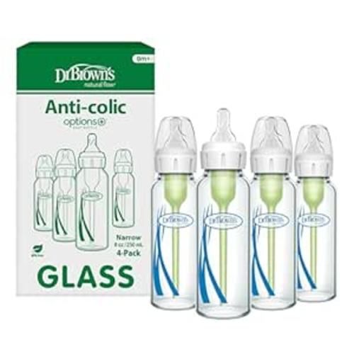 Dr. Brown's Anti-Colic Options+ Narrow Glass Baby Bottle with Level 1 Slow Flow Nipple, BPA-Free, 8 oz/250 mL, 4-Pack