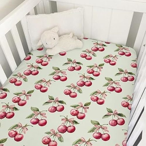 Vintage Cherries Pink Bows Baby Crib Sheets for Boys Girls Sweet Cherry Fruits Soft Snug Fitted Newborn Bedding Nursery Baby Sheets 52x28 Standard Crib Mattress Sheets
