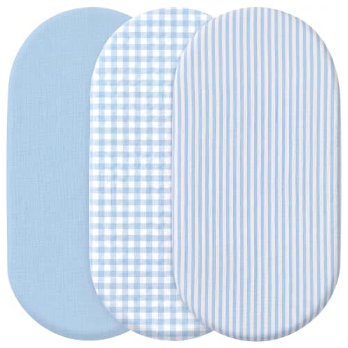 Peryiter Muslin Sheets for Girl Soft and Breathable 100% Cotton Baby Bed Sheets Fitted Coquette Bow Mattress Cover for Standard Mattress Size (Gingham and Stripes,Standard Bassinet,Blue)