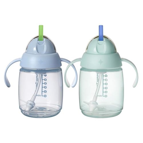 Tommee Tippee Starter Weighted Straw Baby & Toddler 10oz Sippy Cup for 6 Months+, with Silicone Weighted Straw and Easy-Hold Handles, BPA Free, Blue & Green, Pack of 2