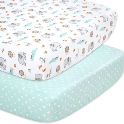 The Peanutshell Fitted Crib Sheets Set for Boys or Girls, 2 Pack Set, Mint Safari
