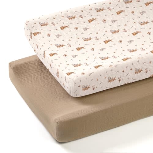 lulumoon Muslin Changing Pad Cover: 2-Pack Soft Breathable Cotton Boho Bunny Print for Baby Boys Girls - Nursery & Baby Shower